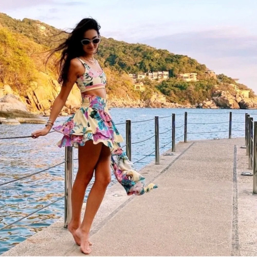 Maaji Floral Bikini Top in Cream and Blue